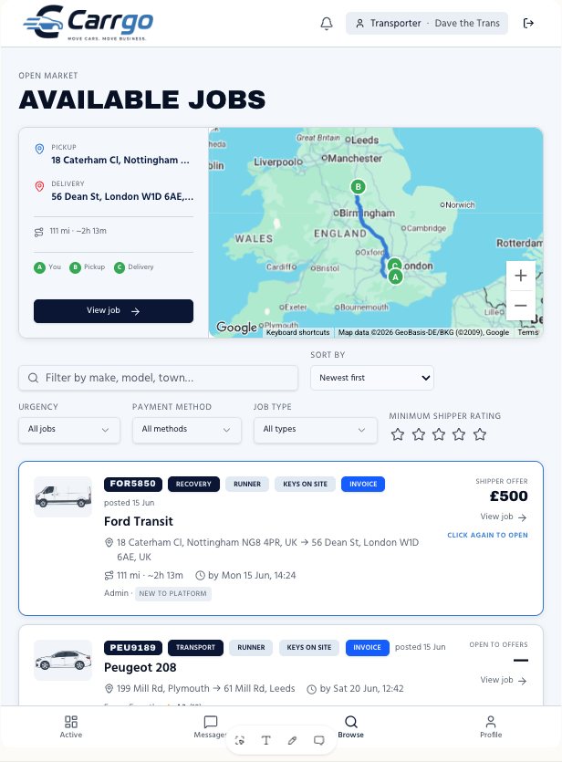 Carrgo transporter dashboard showing available jobs, route map, earnings stats, and job listings